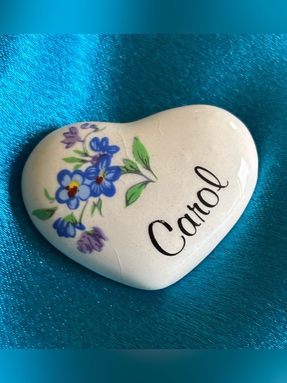 Personalized White Heart Brooch with Blue and Lavender Floral Accent